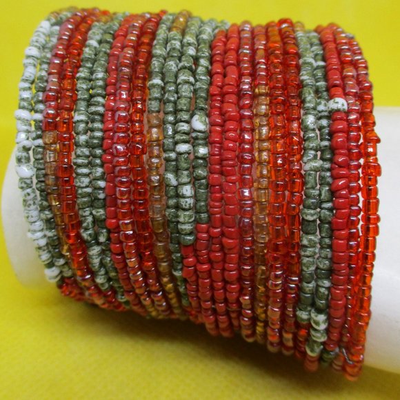 SEED BEAD CUFF Bracelet 24 Strand Cuff Bracelet Orange Green Autumn Fall Winter - Picture 1 of 12